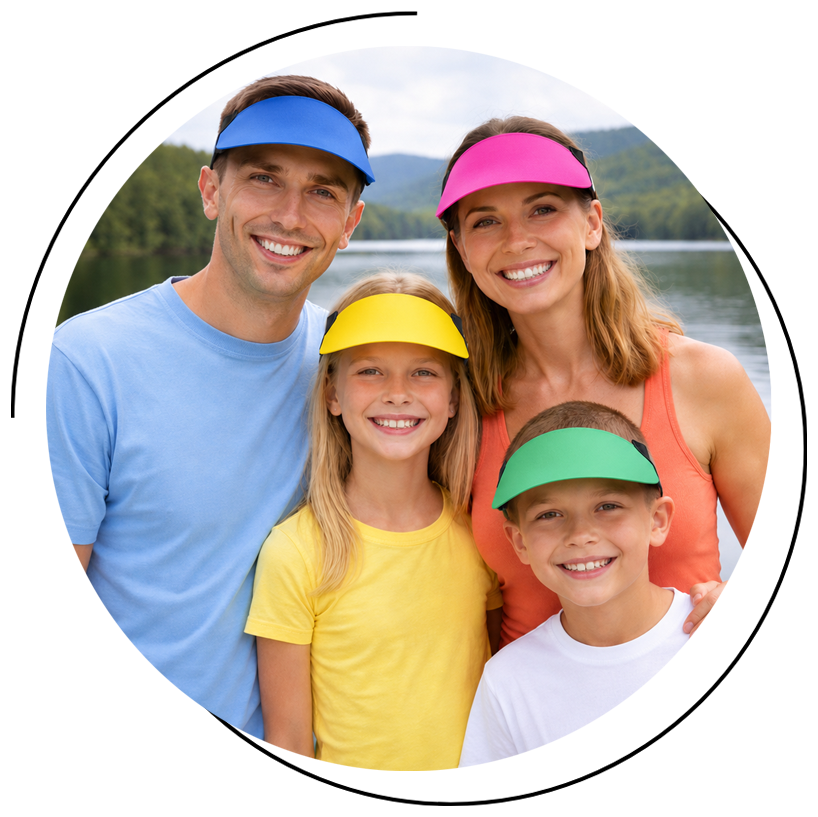 Happy Family at lake wearing BrowZon visors